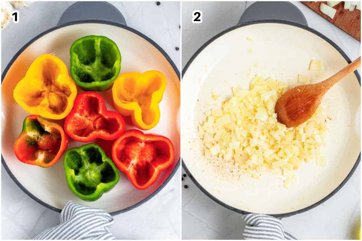 collage for sauteed onion in pan and unstuffed peppers in pan.