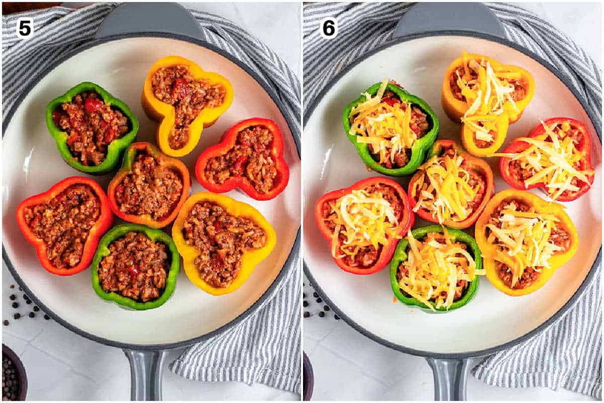 collage for stuffed peppers, and a skillet of stuffed peppers topped with shredded cheese.