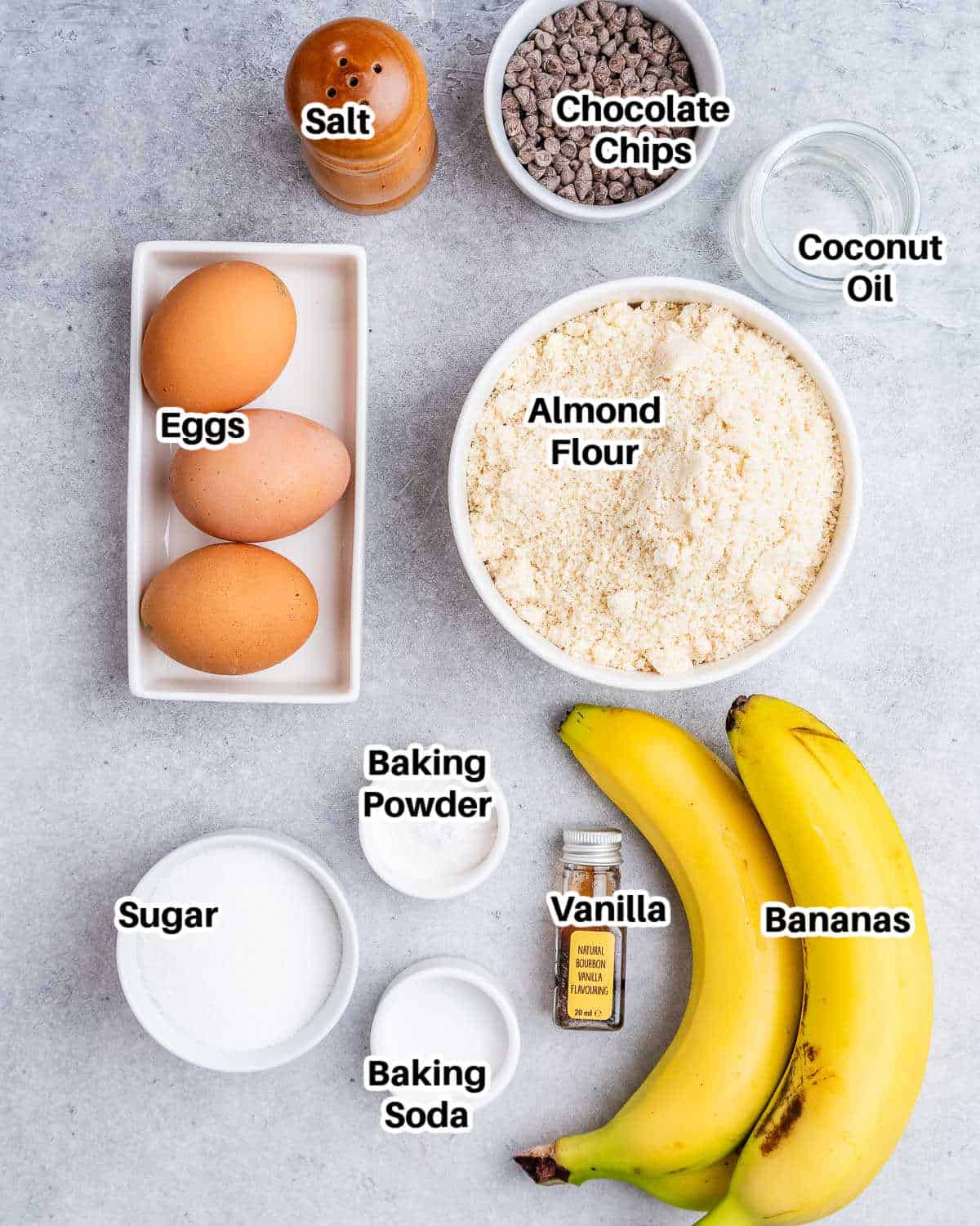 Ingredients to make almond flour banana bread.