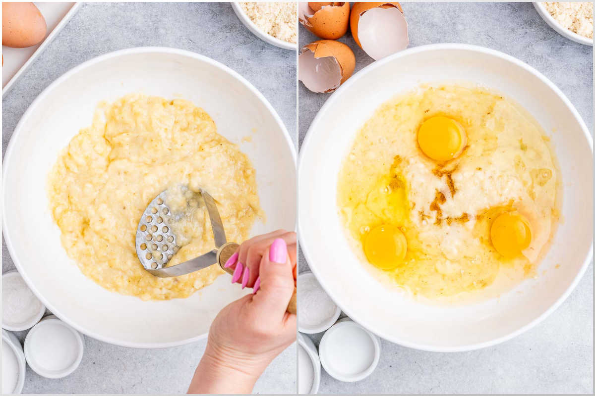 process shot of mashing bananas and adding eggs to make the batter.