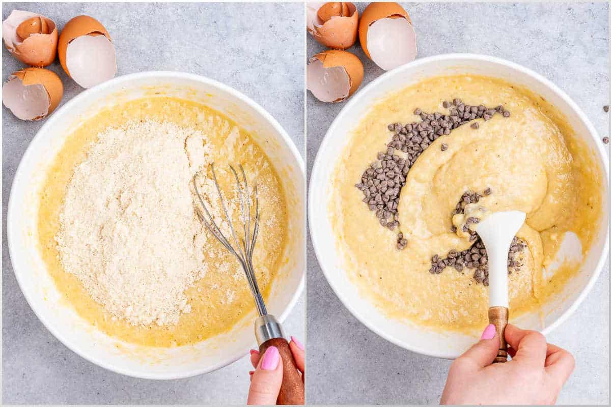 process shot of mixing the batter and adding chocolate chips.