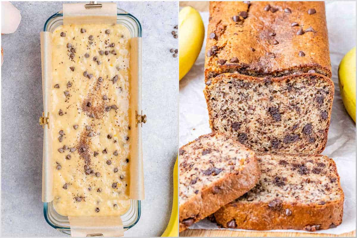 process shot of adding batter to pan and baking, then slicing the banana bread.