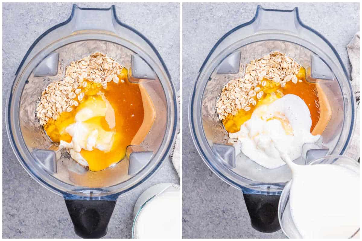 process shot showing ingredients added to a blender to make overnight oats.