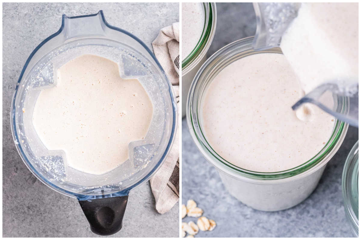 process shot showing blended overnight oats in a blender.