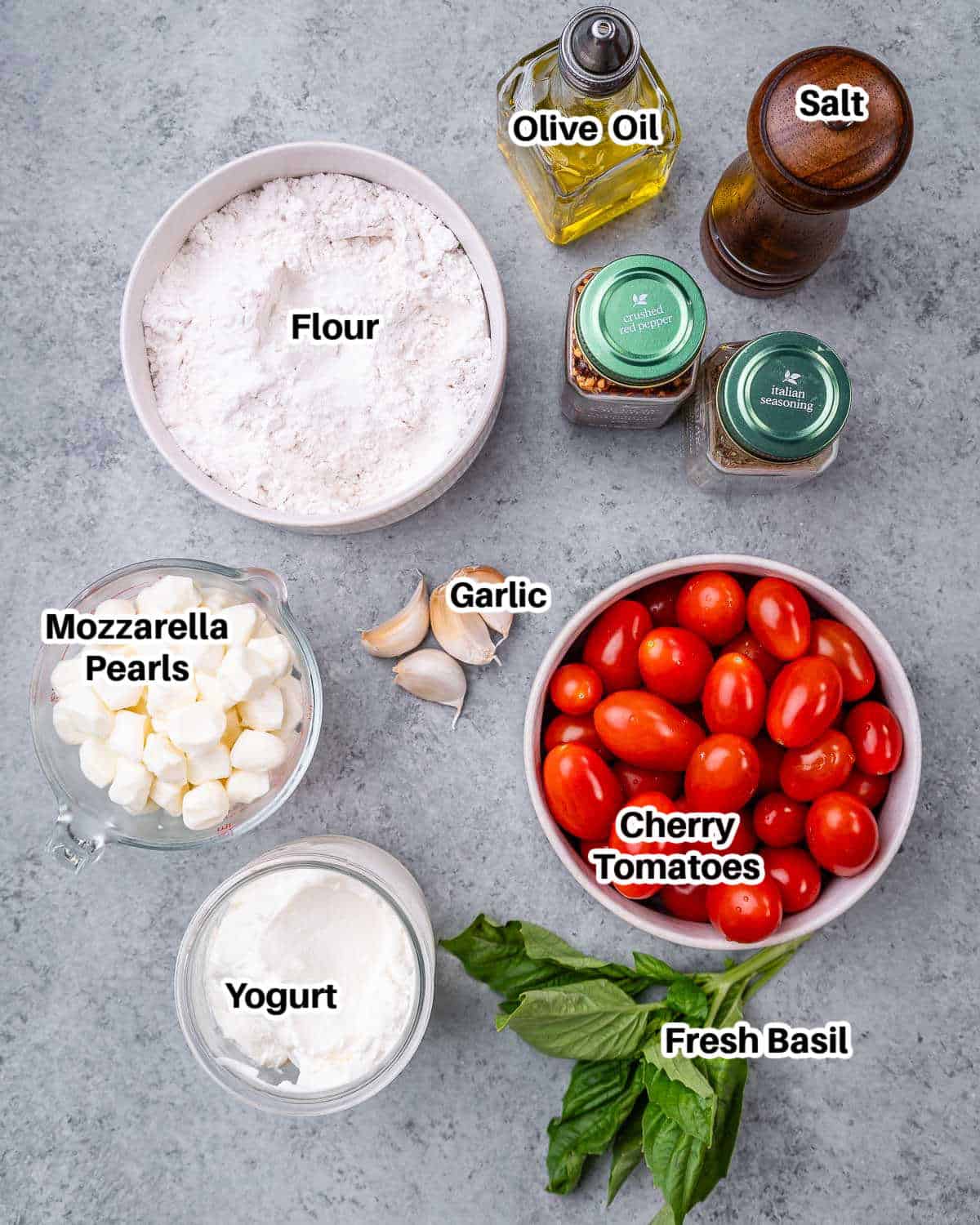 Ingredients to make bruschetta pizza.