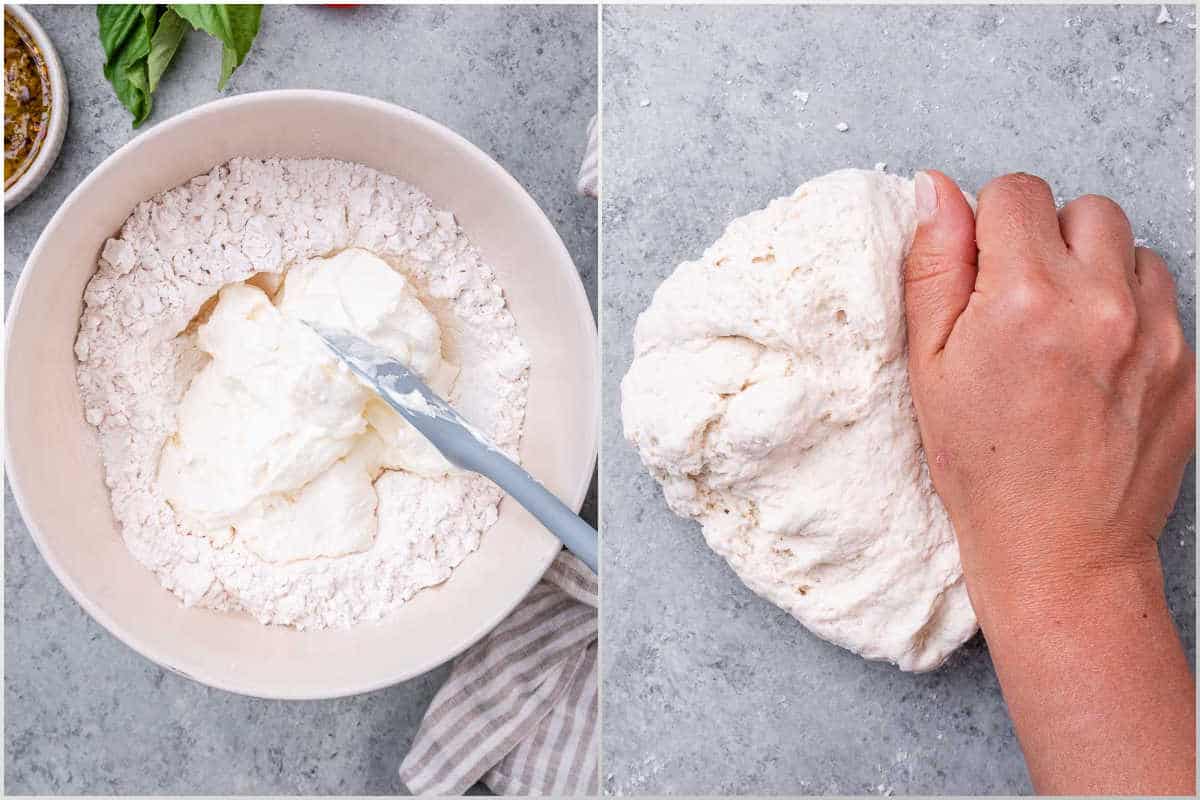 process shot showing the making of the pizza dough and kneading.