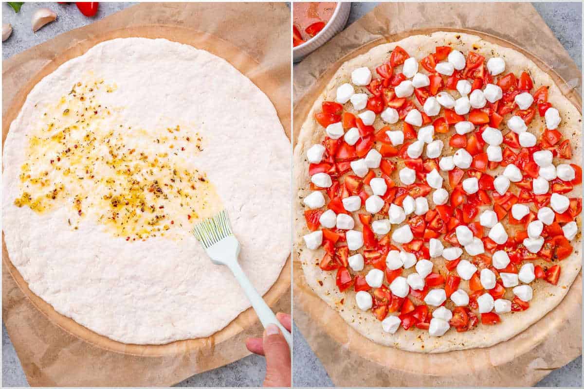 process shot showing adding seasoned oil to the dough and adding the pizza toppings.