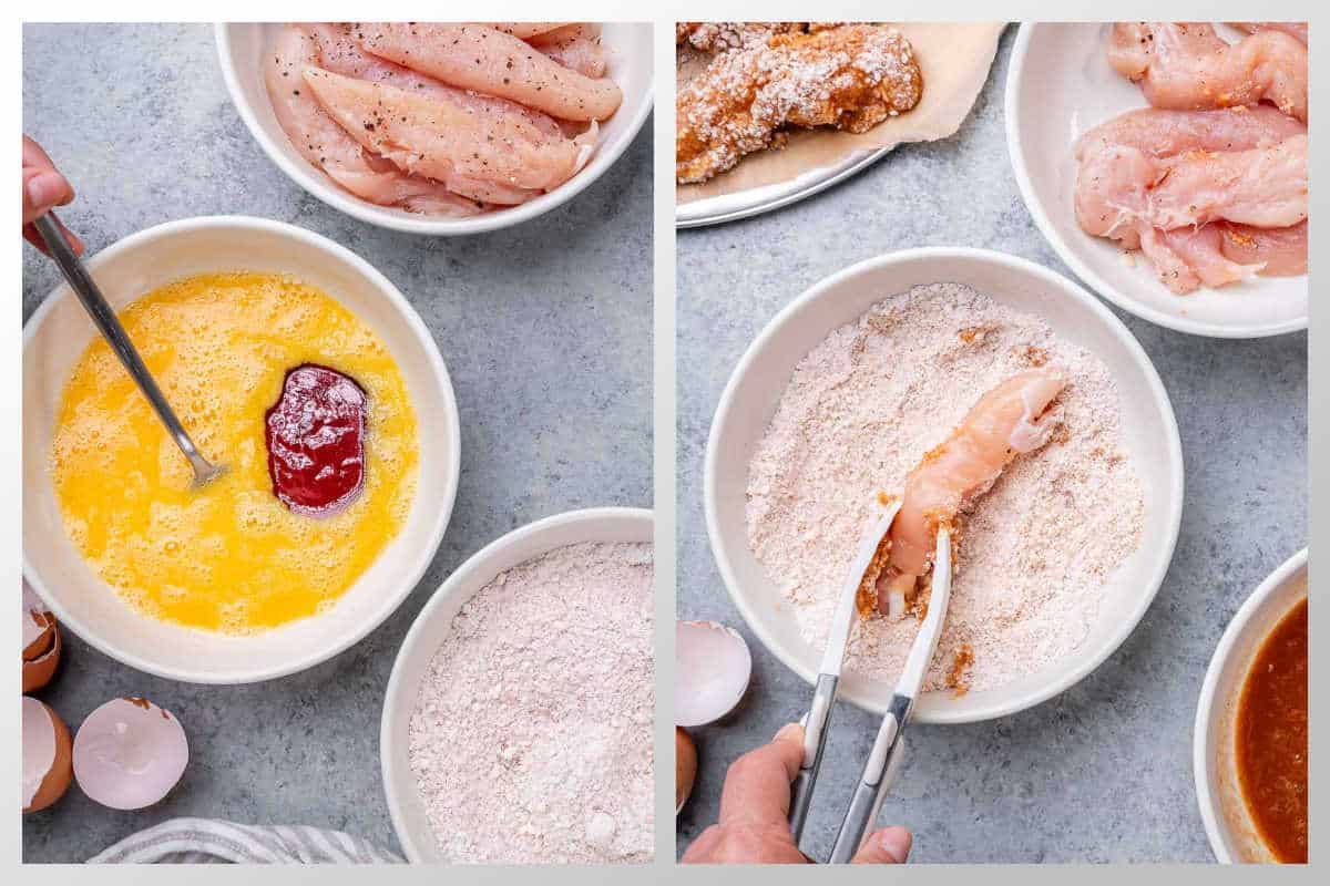 process shot to dredge the chicken tenders in flour.