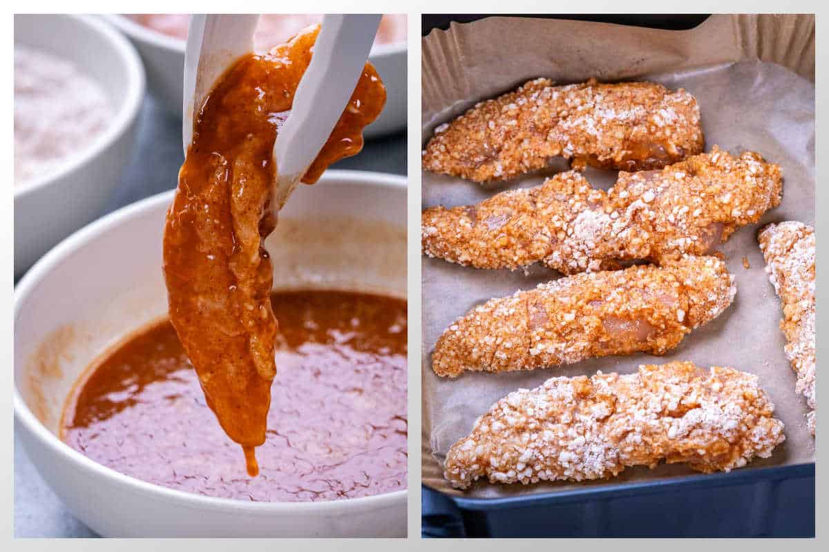 process shot to coat the chicken tender with sauce.