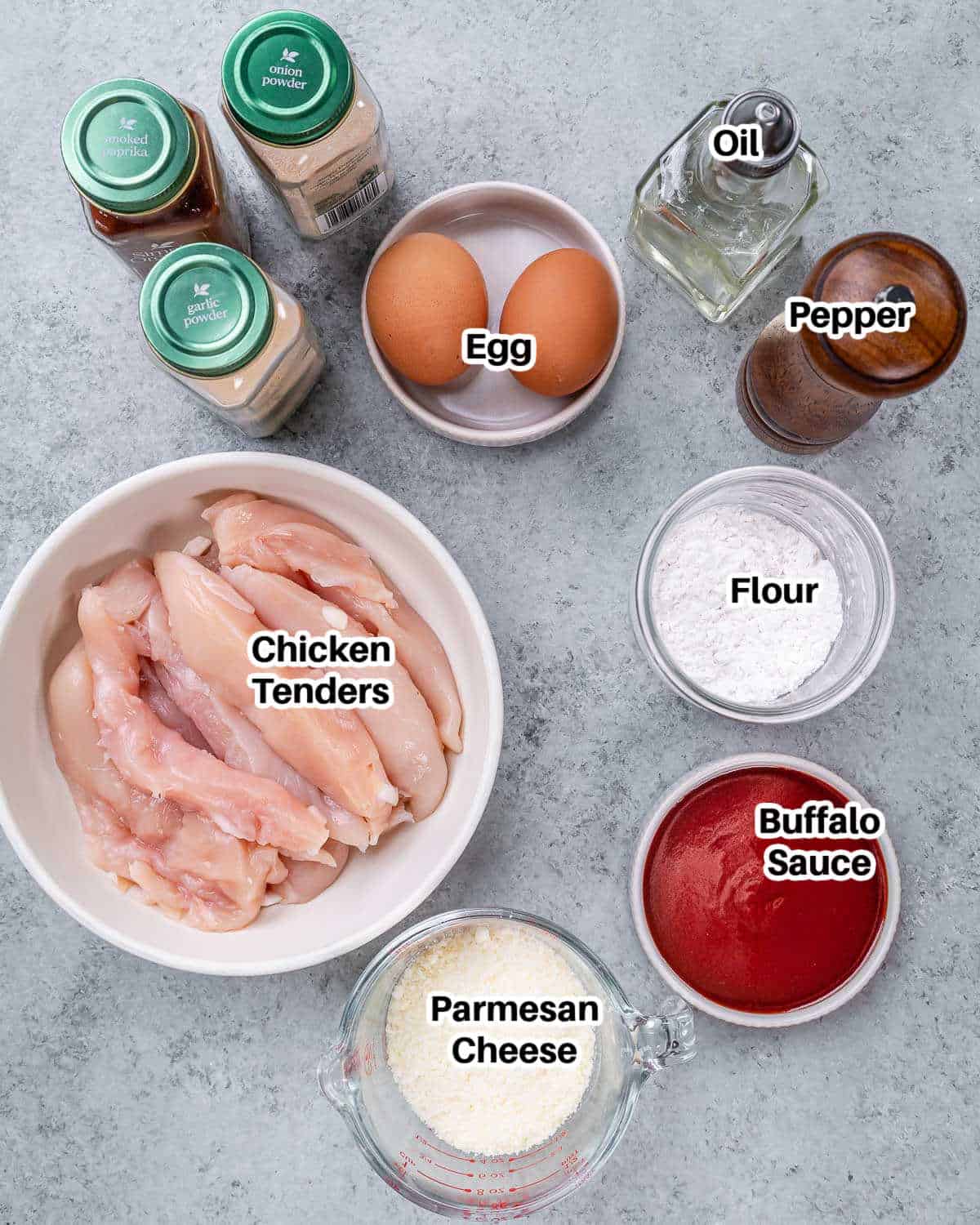 Ingredients to make buffalo chicken tenders.
