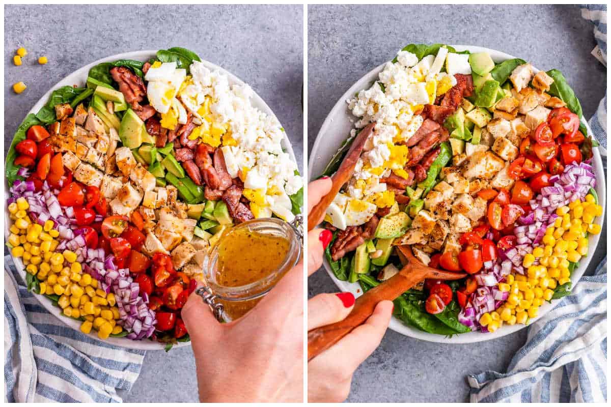 process shot of adding dressing over the salad and mixing it.