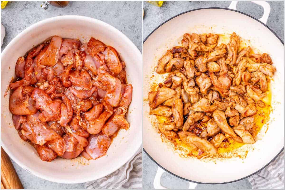 process shots of marinated chicken in one pan and another shot of chicken cooked in a pan.