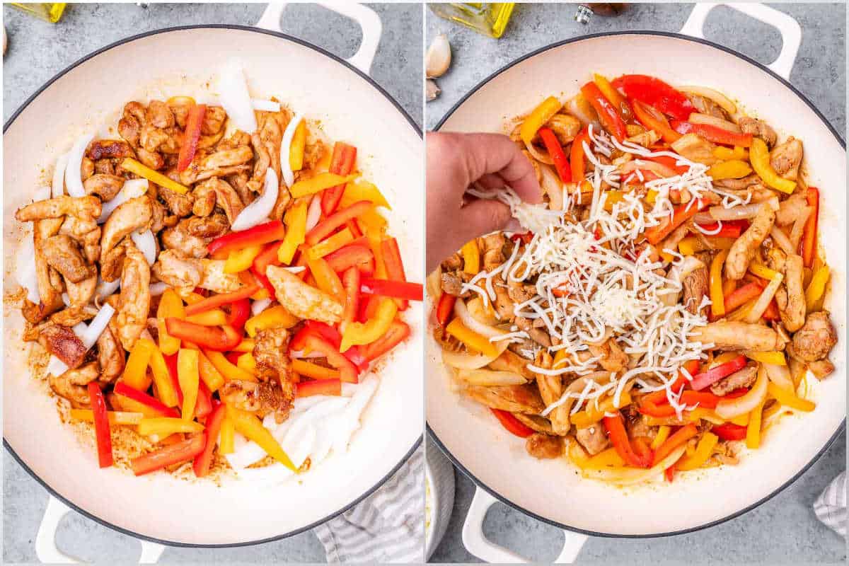 process shots of cooked chicken with bell peppers and onions in a skillet. then with shredded cheese being added over the cooked chicken.