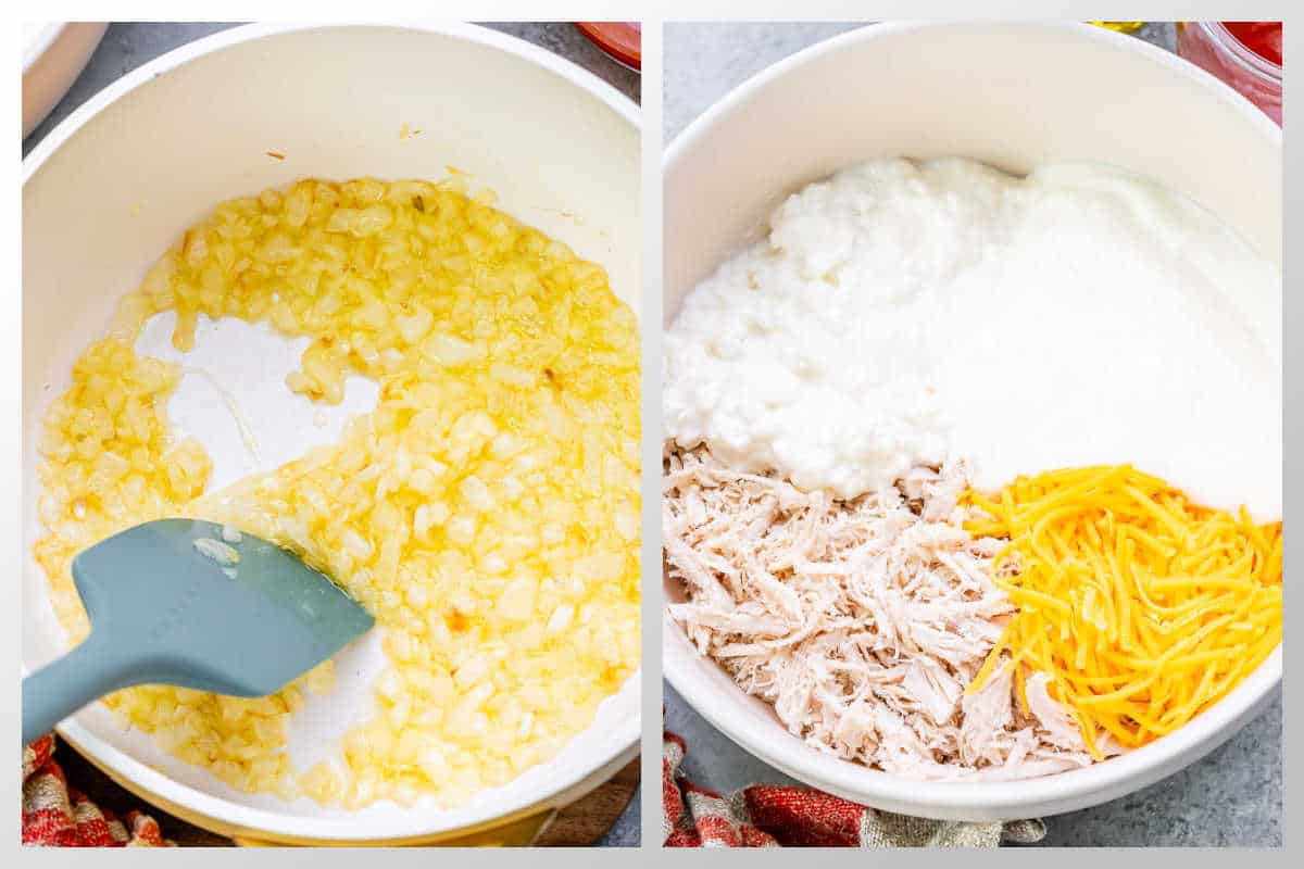 process shot to make sauteed onions and adding ingredients to make the chicken dip to bowl.