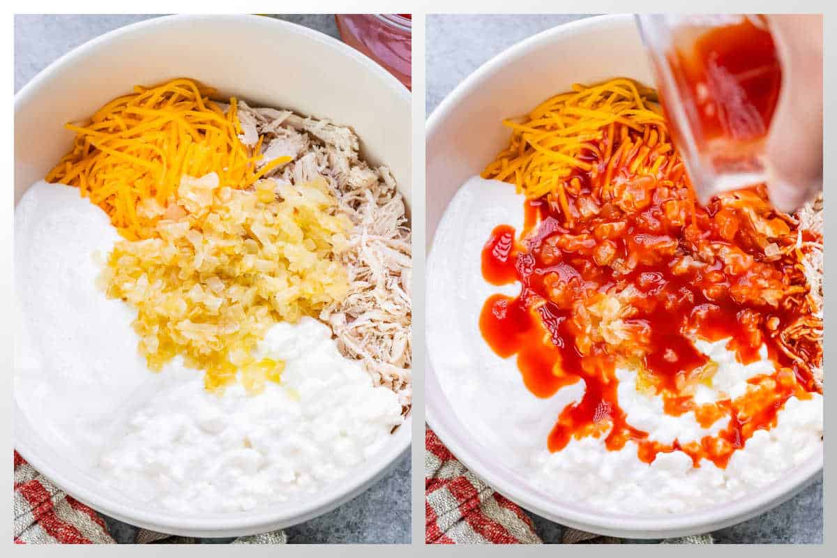 process shots to add chicken and cheese in bowl.