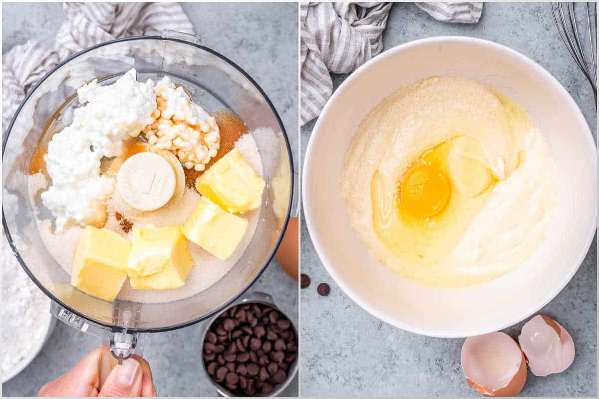 process shot for blending butter with cottage cheese in a food processor.
