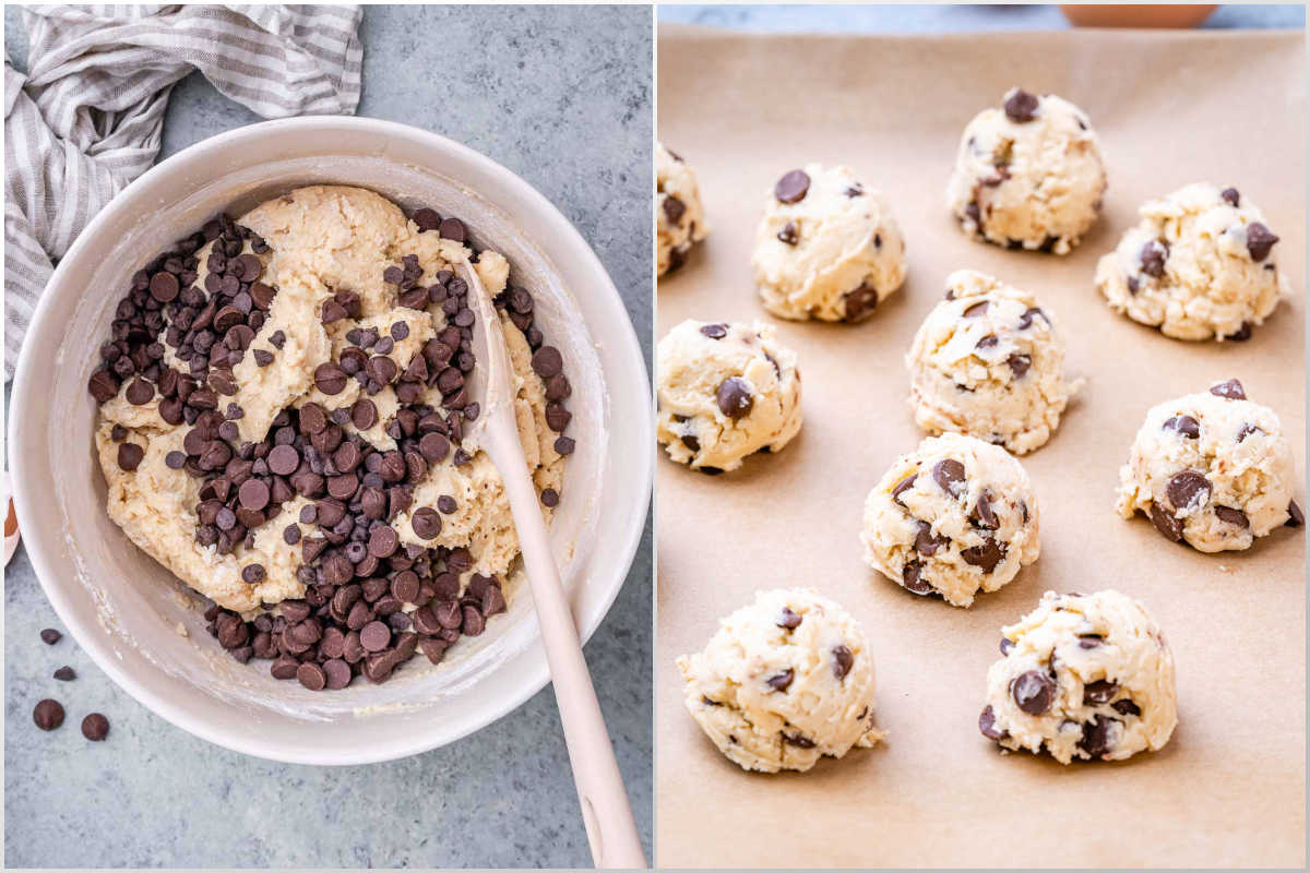 process shot for adding chocolate chips to the cookies dough.