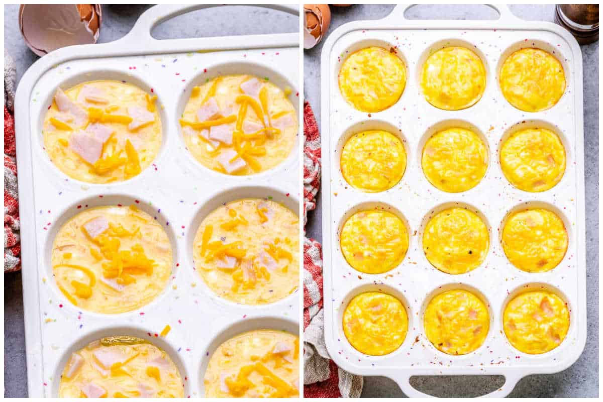 process shot to bake the egg mix, topped with turkey bites, and place it in a muffin tin pan.