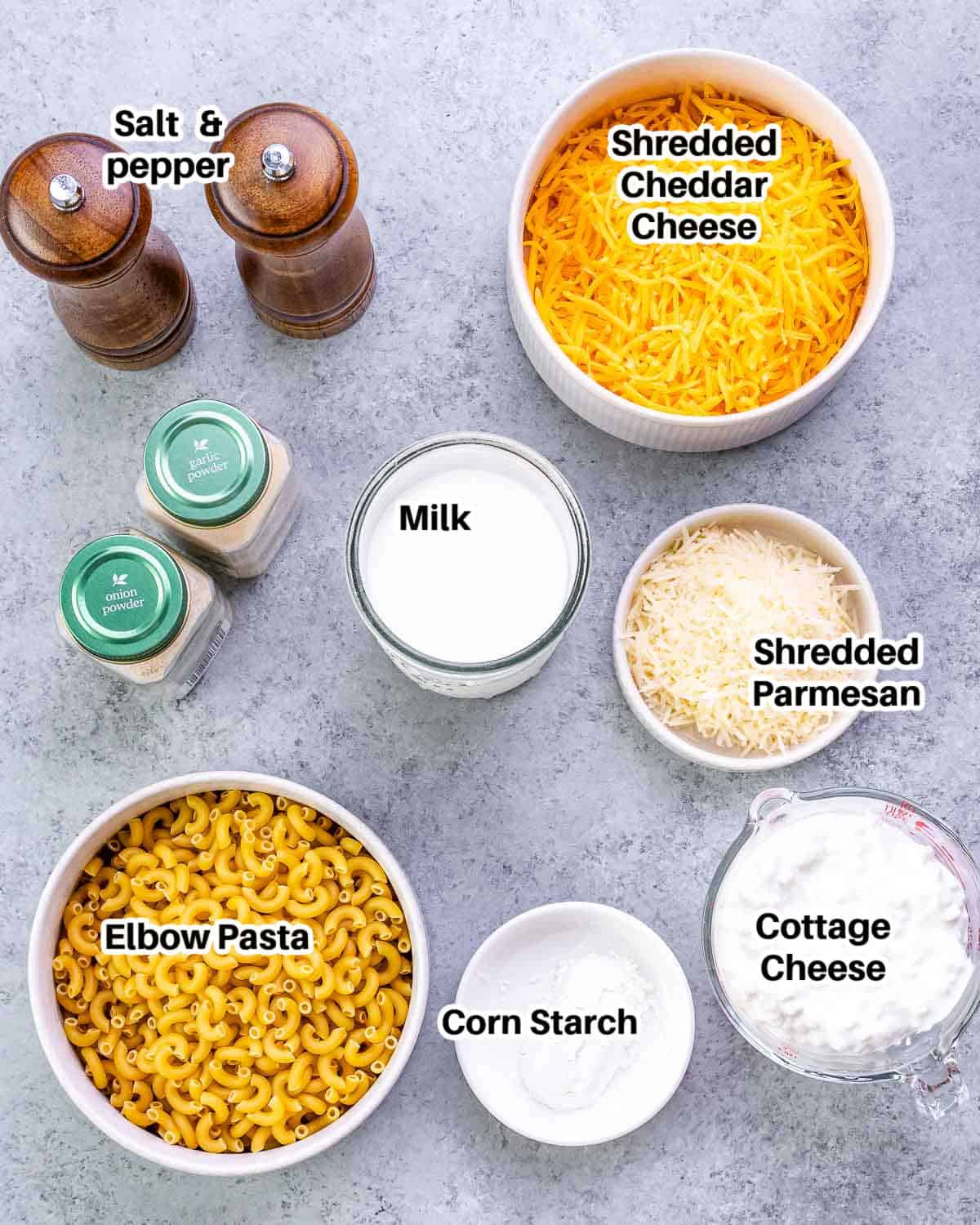 Ingredients to make cottage cheese mac and cheese. 