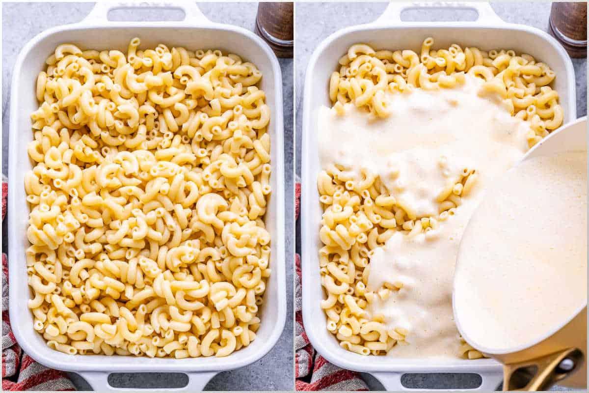 process shot of adding pasta to a dish and pouring cheese over it.