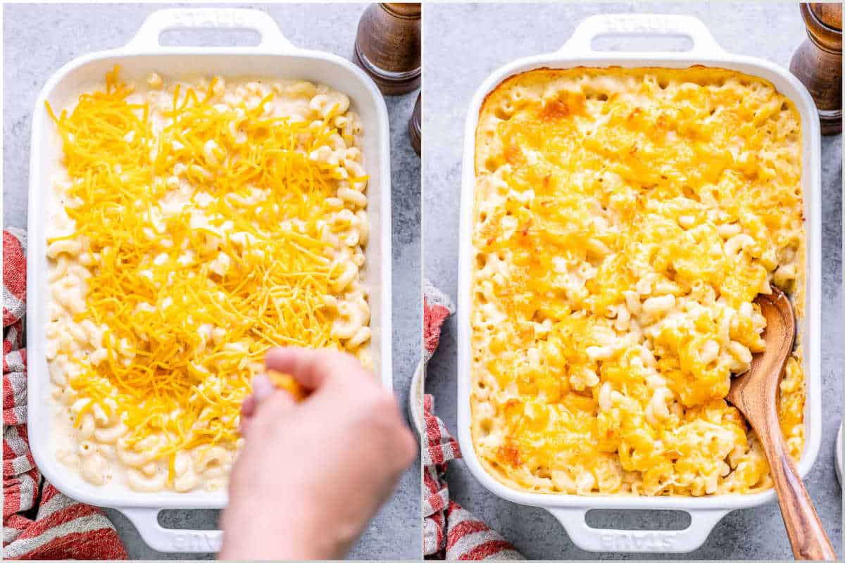 Adding shredded cheese over the macaroni before baking. 