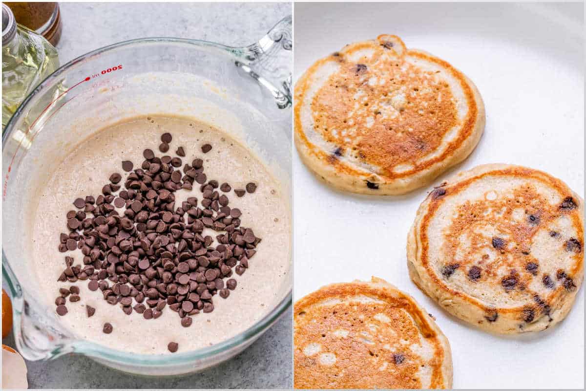 process shot adding chocolate chips to batter and cooking pancakes in a pan. 