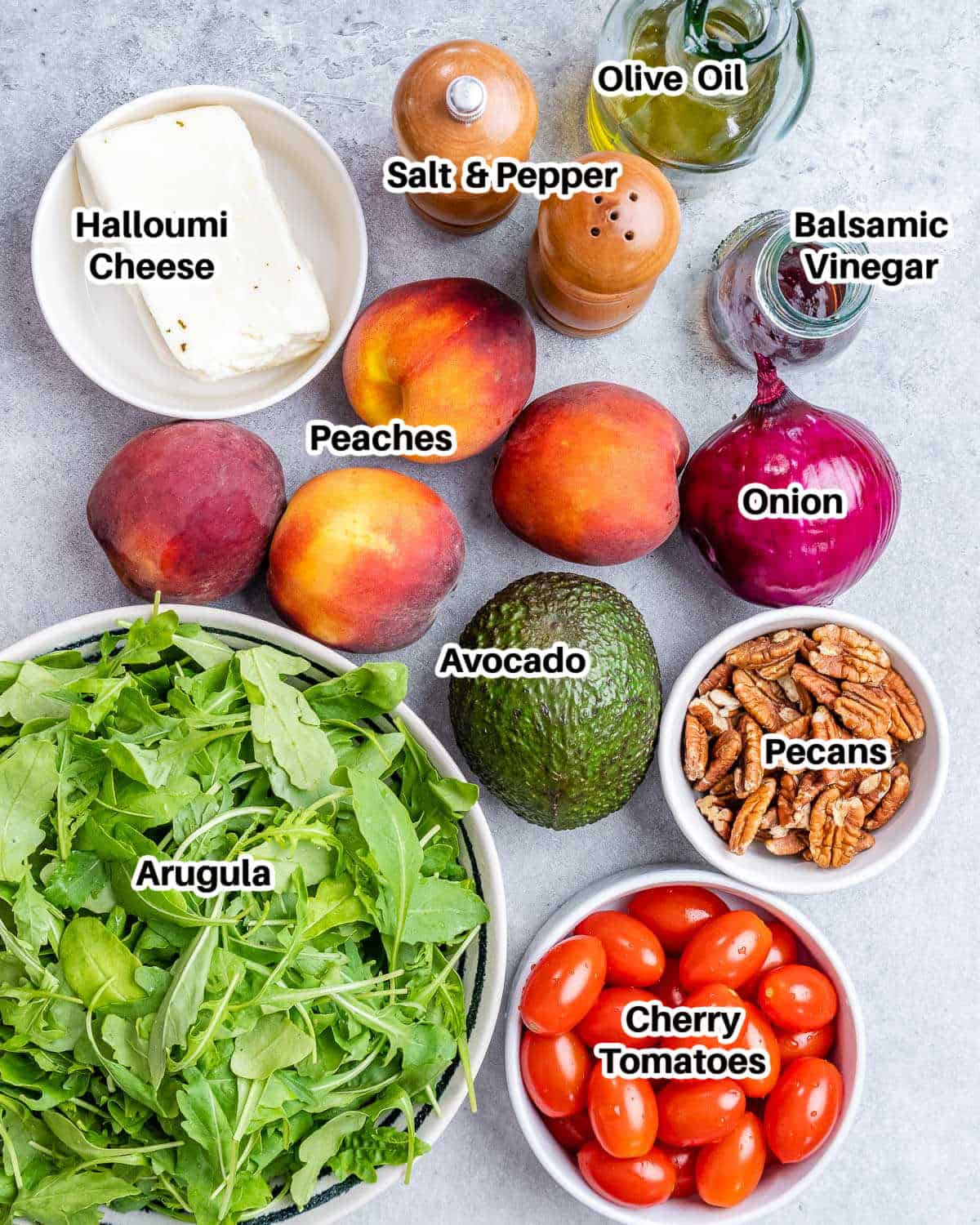 Ingredients to make grilled peach salad.