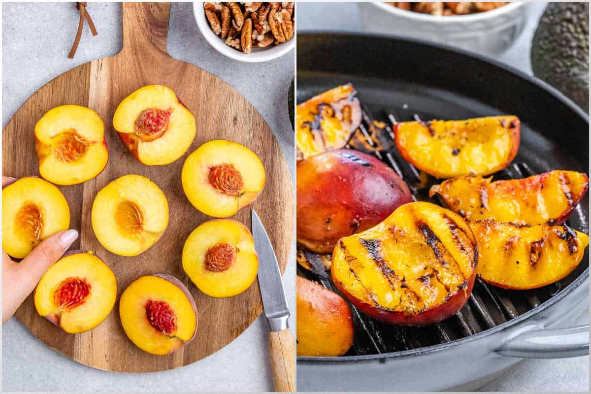process shots, cutting peach, and pan grilling.