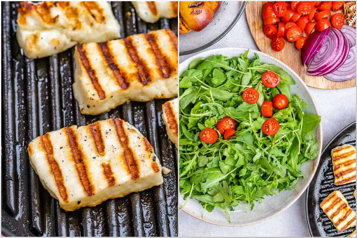 grilled halloumi and the process of assembling the salad.