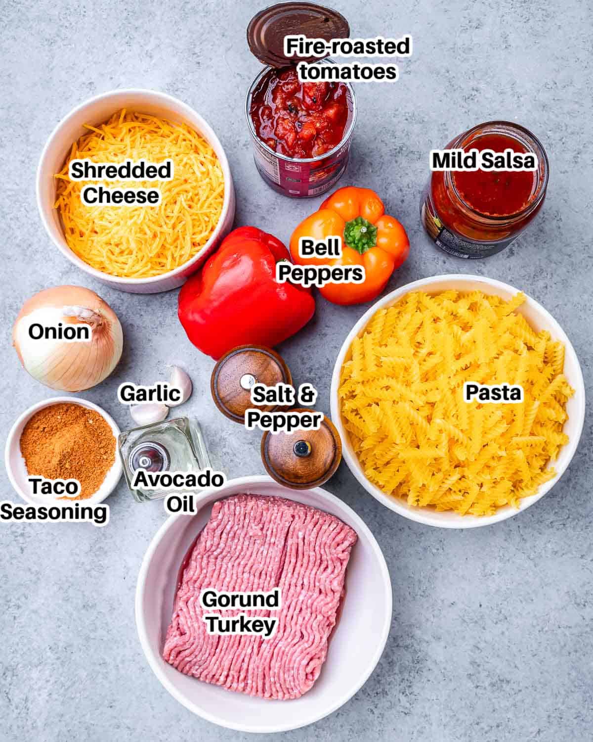 Ingredients to make ground turkey pasta.
