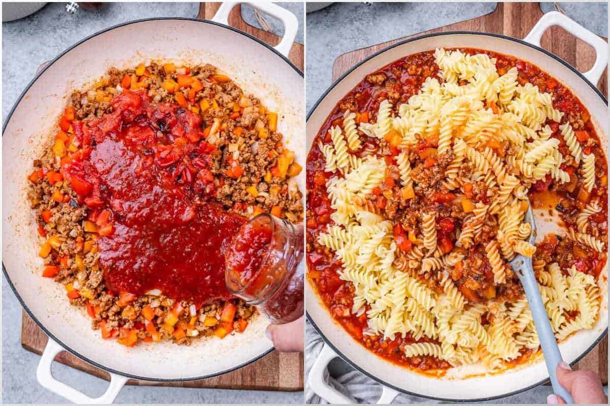 process shot of adding sauce to cooked ground turkey and then adding the pasta to a pan.