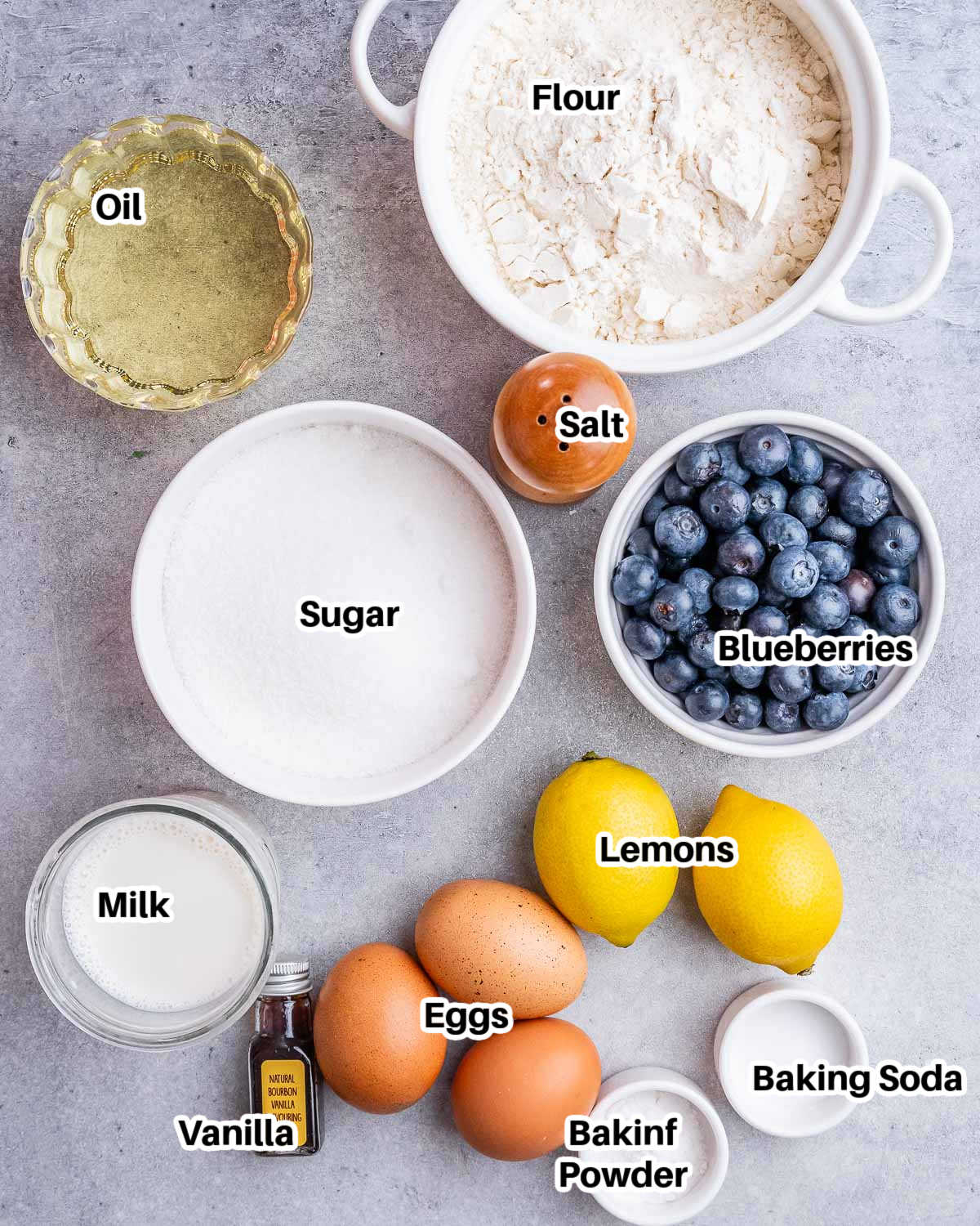ingredients to make lemon blueberry bundt cake.