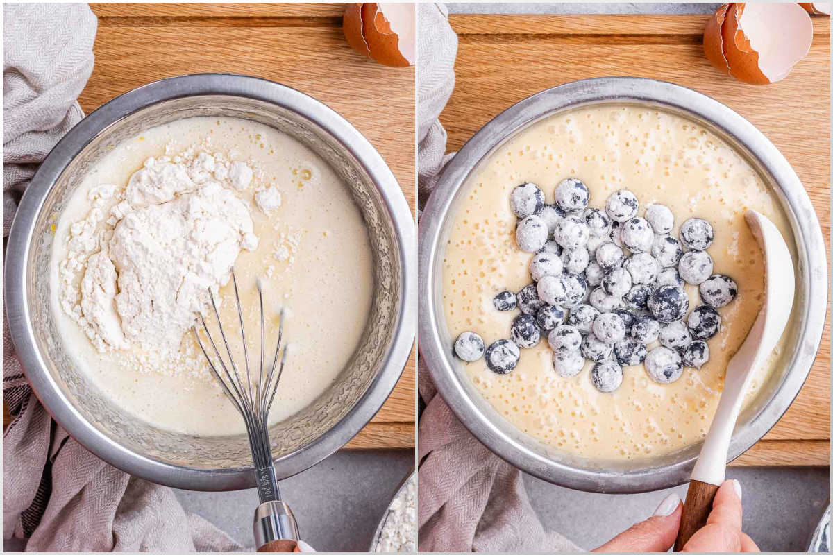 process shot to mix the flour with the wet batter and add blueberries to the batter.