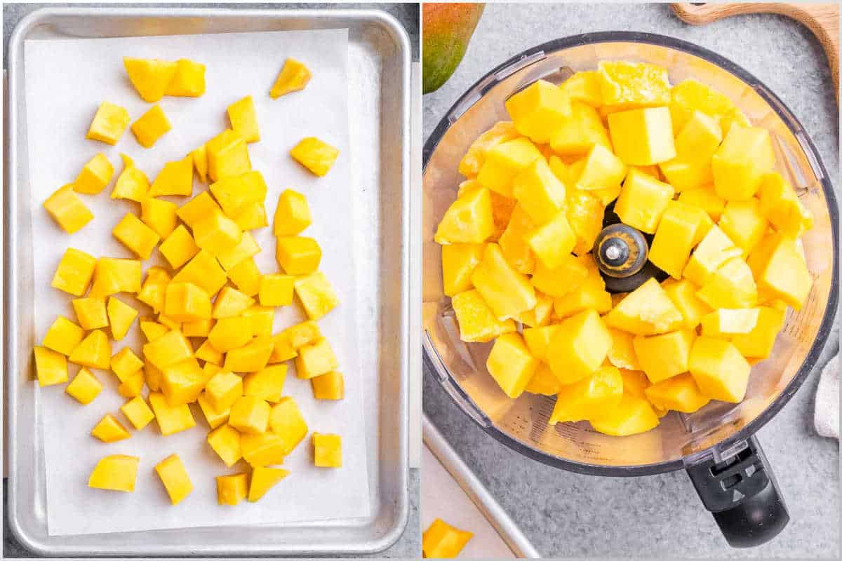 process shot of freezing mango chunks and adding to the food processor.