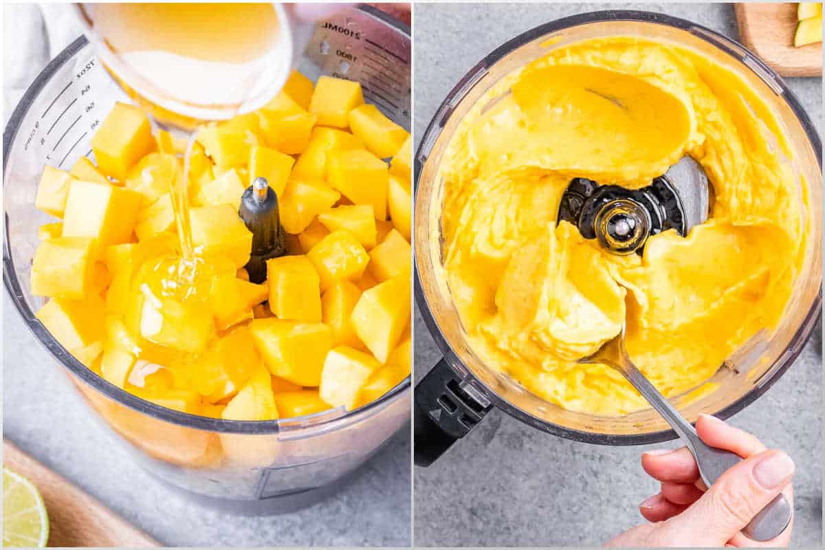 process of adding honey over mangos and blending.