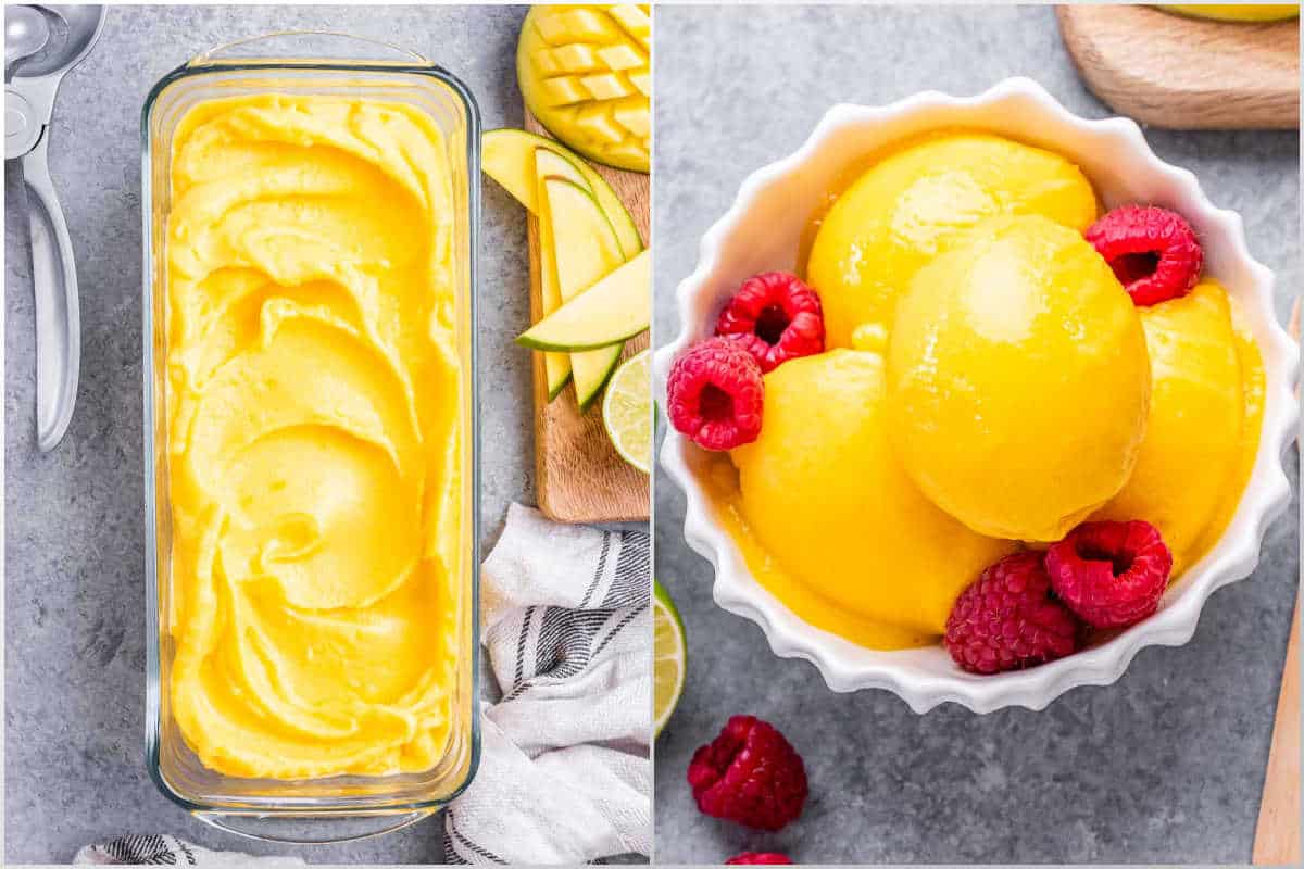 process of freezing the blended mango and serving in a bowl.