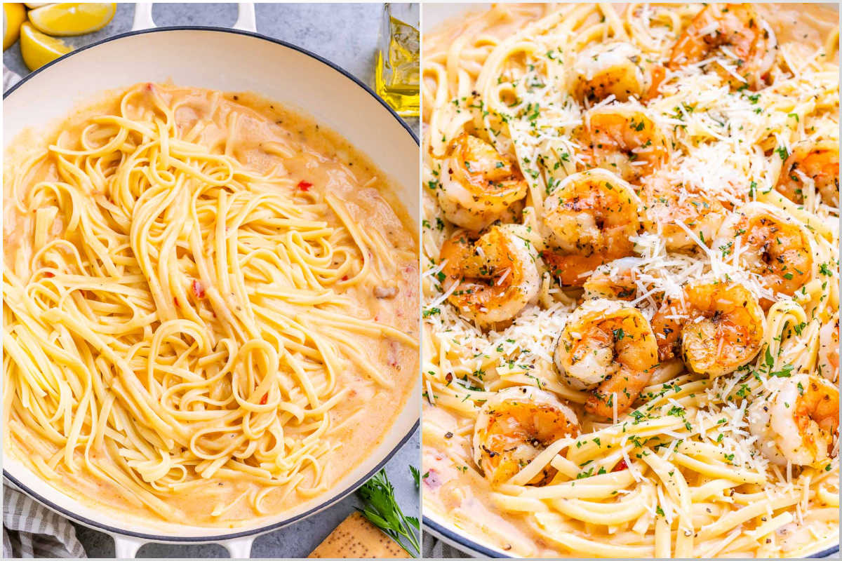 Collage for adding pasta to the sauce and shrimp over pasta in the pan.