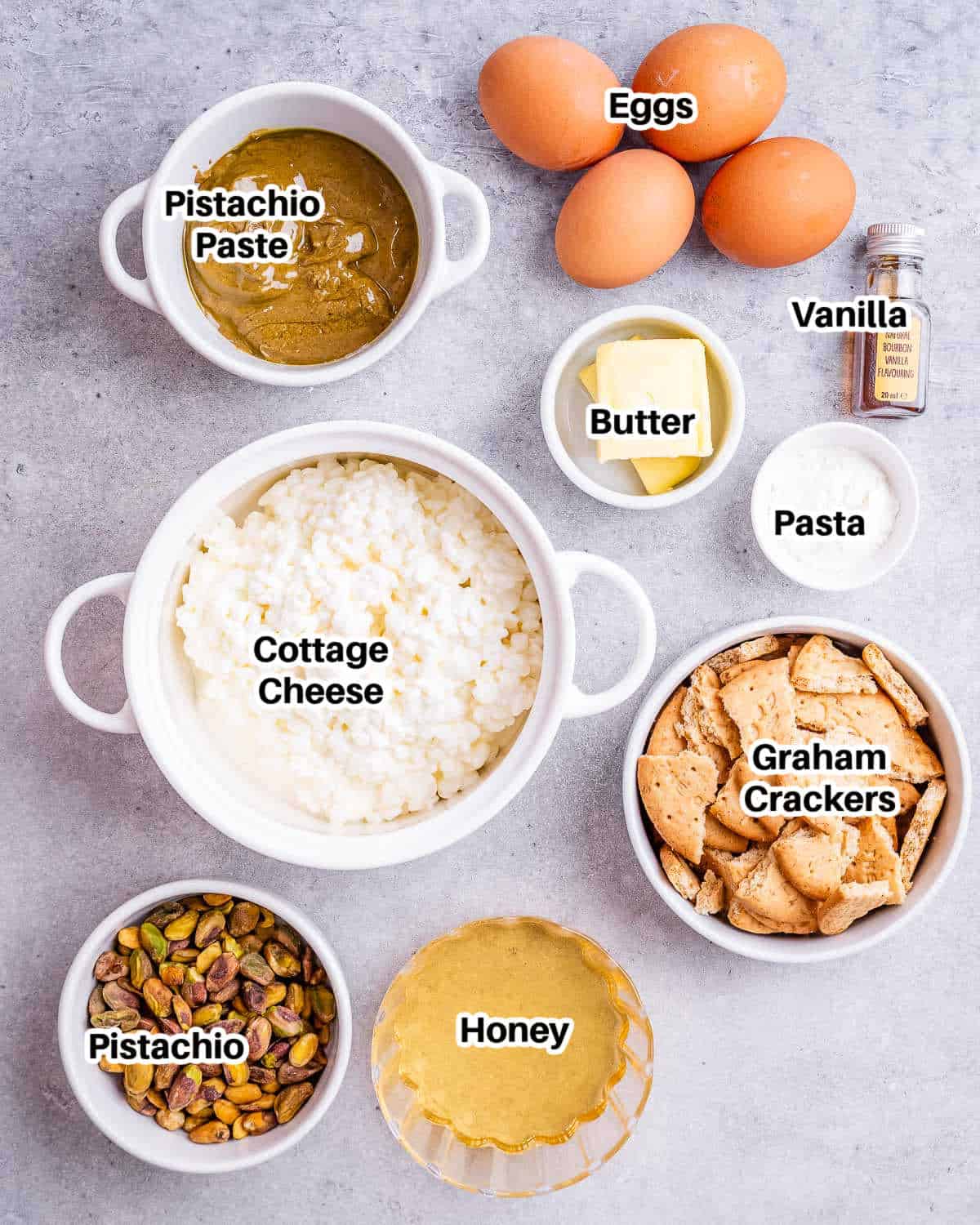 ingredients to make pistachio cheesecake.