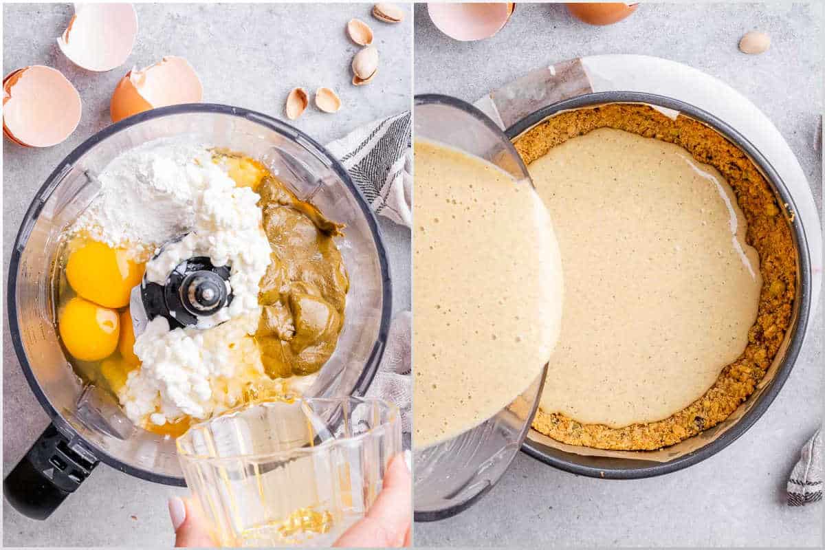 process to make the filling for cheesecake and pouring it over the crust in a pan.