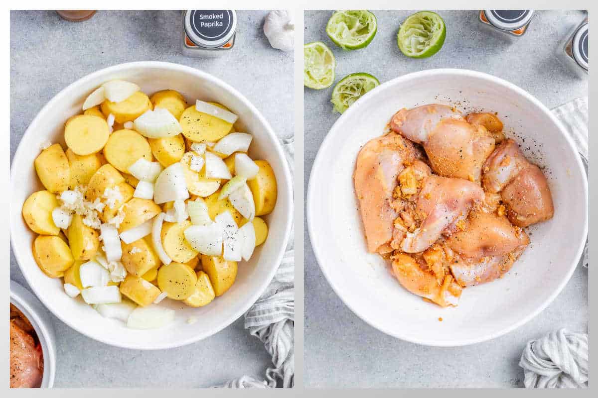 Process shot for chopped potatoes and chicken thighs in a bowl
