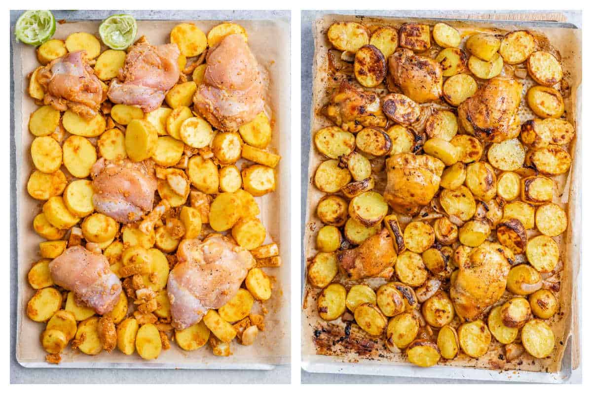 process shot of chicken and potatoes added to the sheet pan and then baked.