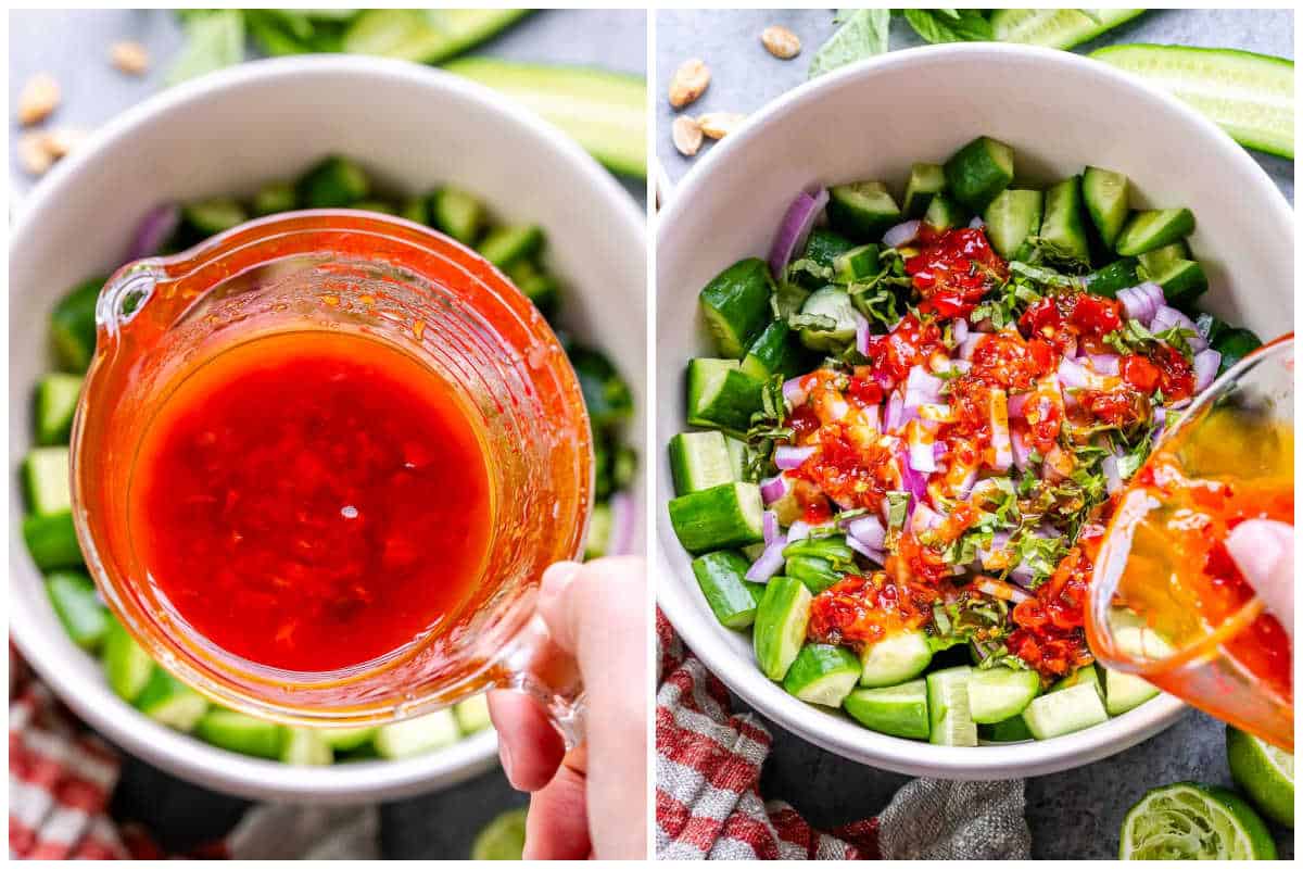 process shot adding the thai dressing over the cucumber salad.