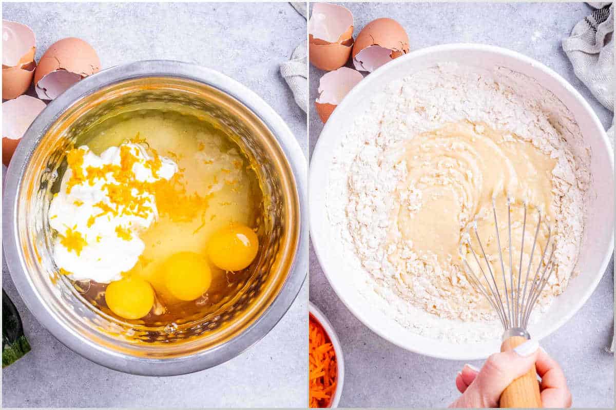 process shot for mixing the eggs with yogurt and oil, and adding it to flour mixture. 