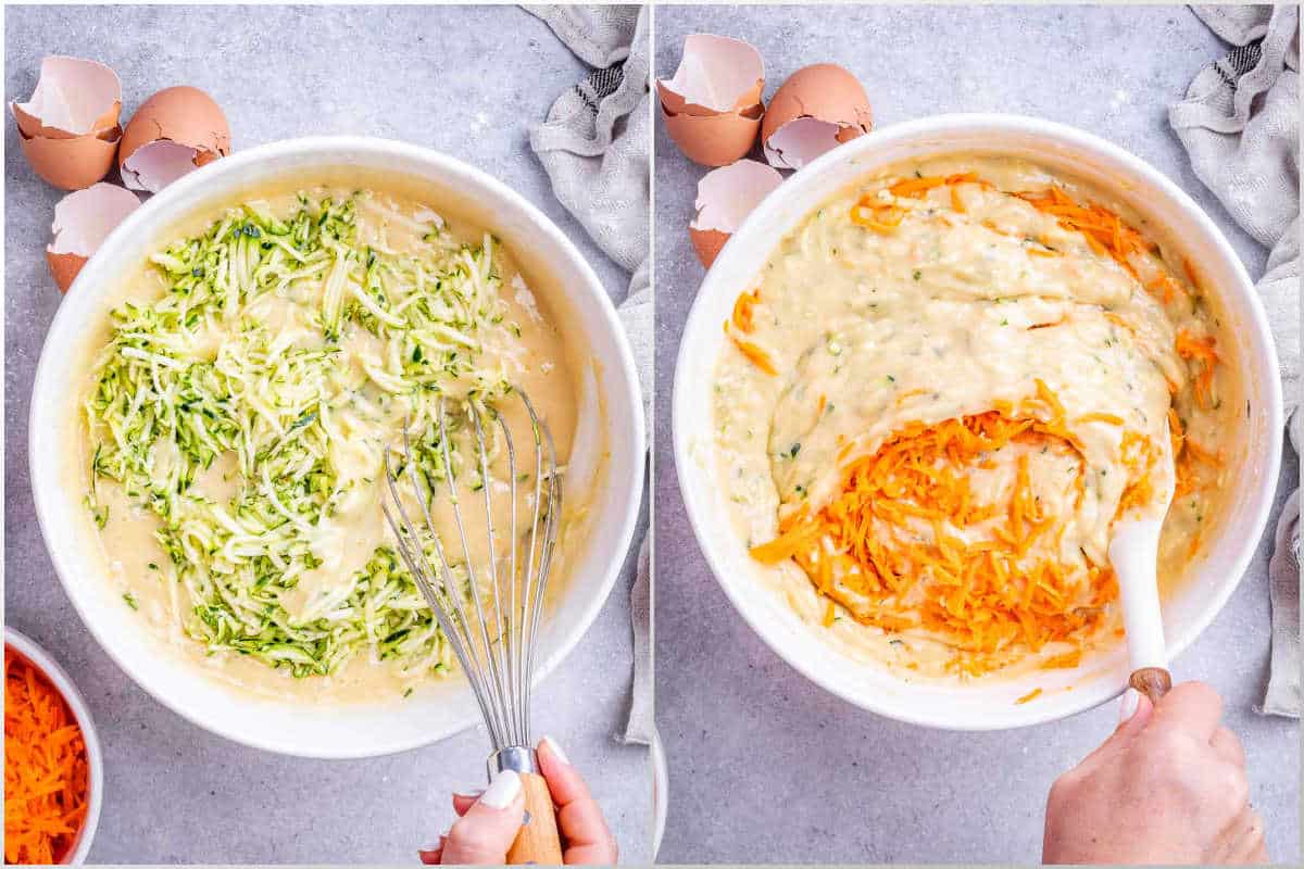 process shot for adding shredded zucchini and carrots to batter.
