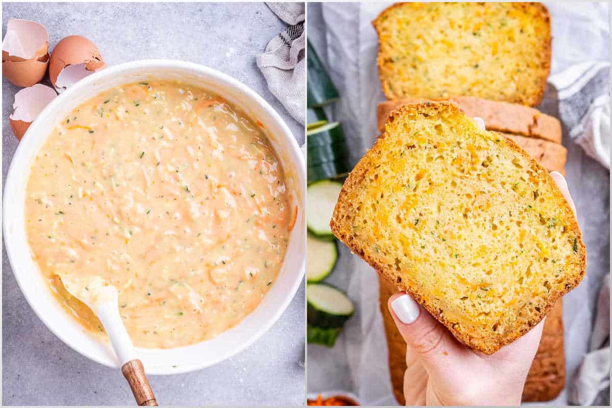 process shot of batter in a bowl, and a hand holding a slice of zucchini bread. 