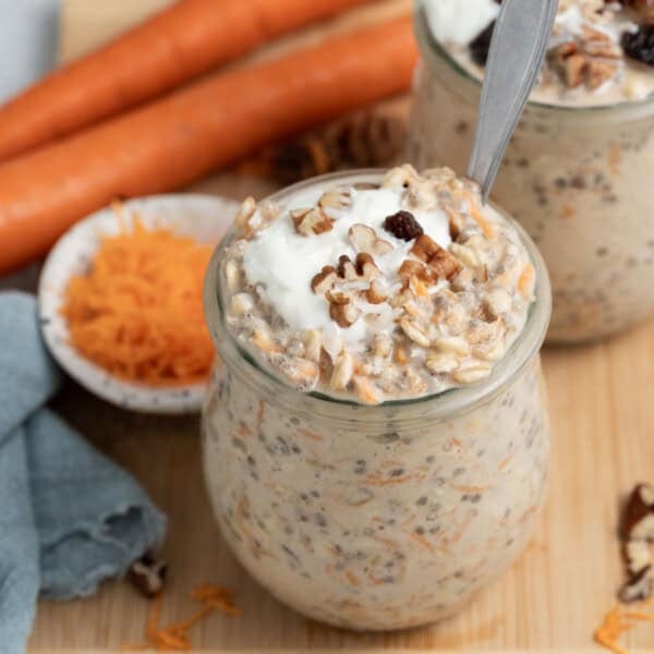carrot cake overnight oats in a jar.