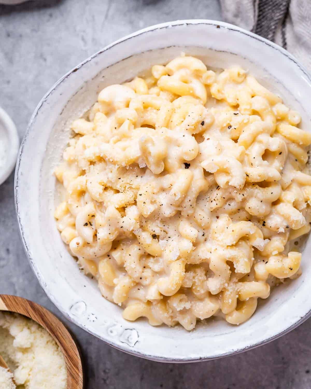 crockpot mac and cheese in a white bowl