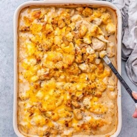 a dish with chicken and cauliflower topped with cheese.