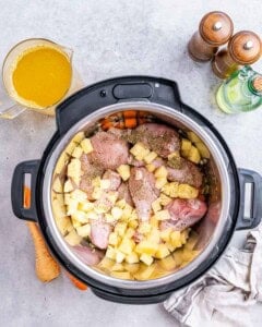 Raw chicken pieces, potatoes, carrots, celery, and broth added into the Instant Pot before cooking.
