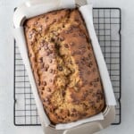 banana bread with chocolate chips in a baking pan.